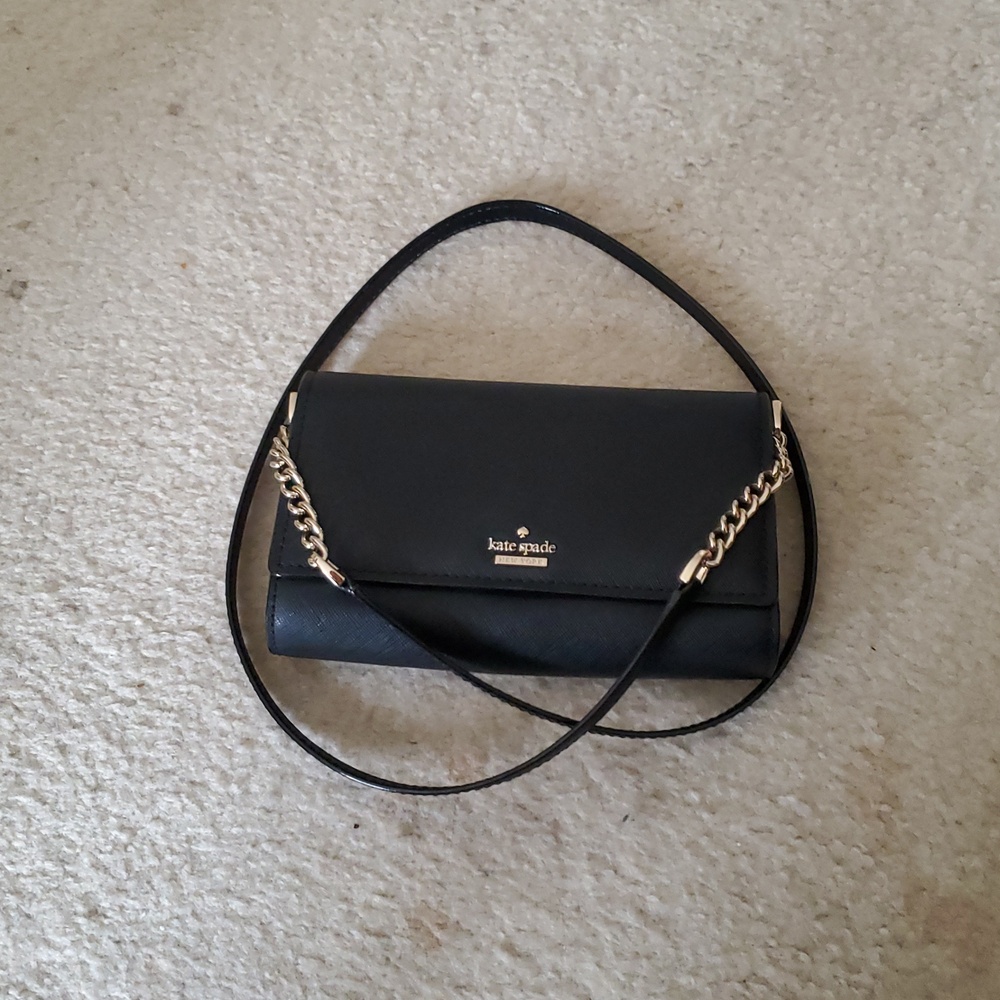 kate spade NY Eva Crossbody, Black Pebbled Leather, Chain Accents